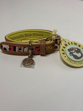 Spartina NWT Amelia navy turquoise blue floral dog collar XS linen leather 8-10"